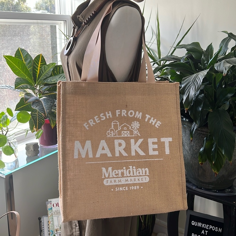 Fresh from Market Big Tote, Burlap, Sturdy Handles, plastic coating inside. NEW